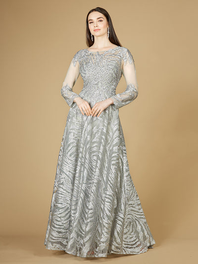 Lara 29231 - Lace Ball Gown with Long Sheer Sleeves and High Neck-Dresses-Lara-4-Slate-Lara