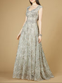 Lara 29236 - Cap Sleeve V-Neck Lace A-line Gown-Dress-Lara-2-Slate-Lara