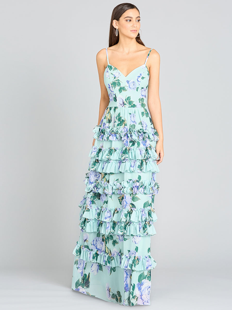 Lara 29242 - Ruffle Skirt Printed Gown with Spaghetti Straps-Dresses-Lara-0-Mint-Lara