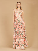 Lara 29242 - Ruffle Skirt Printed Gown with Spaghetti Straps