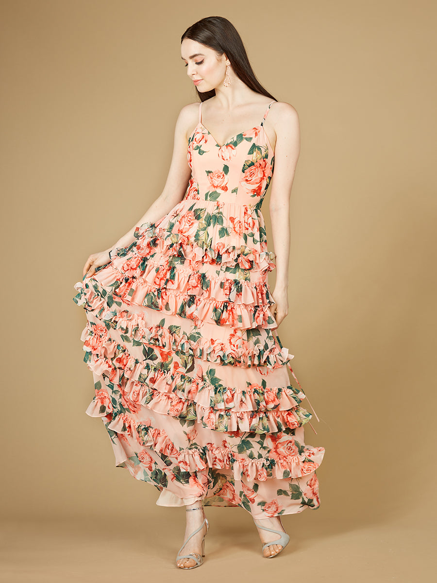Lara 29242 - Ruffle Skirt Printed Gown with Spaghetti Straps-Dresses-Lara-0-Peach-Lara