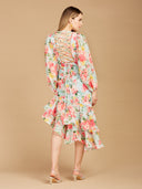 Lara 29244 - High Neck, Lace Up, Long Sleeve Printed Midi Dress