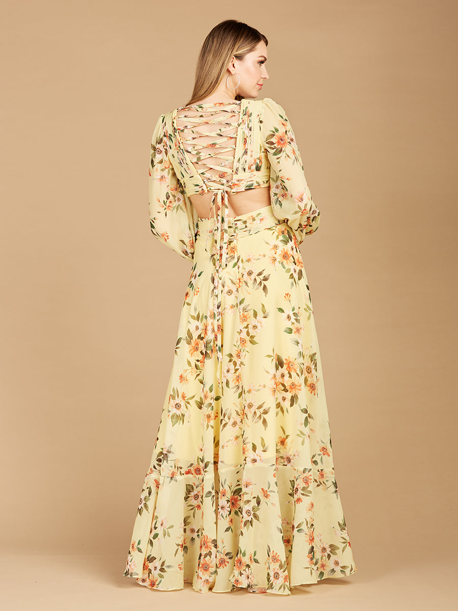 Lara 29245 - Long Sleeve V-Neck, Layered Skirt Print Dress