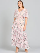 Lara 29246 - Cape Sleeve Print Dress-Dresses-Lara-2-Blush-Lara