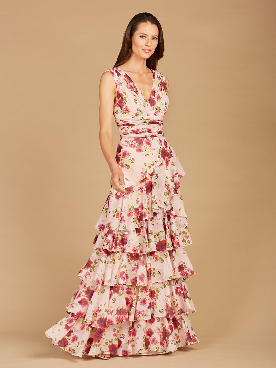 Lara 29249 - Ruffle Skirt Print Dress