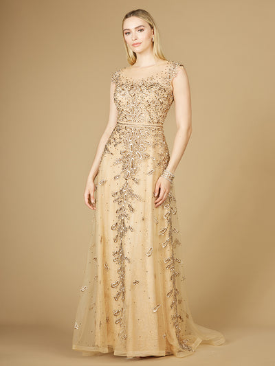 Lara 29250 - Inspired Lace Gown with Cap Sleeves-Dress-Lara-4-Gold-Lara