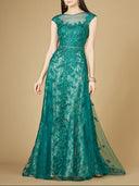 Lara 29250 - Inspired Lace Gown with Cap Sleeves-Dress-Lara-4-Green-Lara