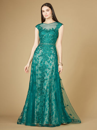 Lara 29250 - Inspired Lace Gown with Cap Sleeves-Dress-Lara-4-Green-Lara