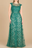 Lara 29250 - Inspired Lace Gown with Cap Sleeves-Dress-Lara-Lara
