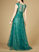 Lara 29250 - Inspired Lace Gown with Cap Sleeves-Dress-Lara-Lara