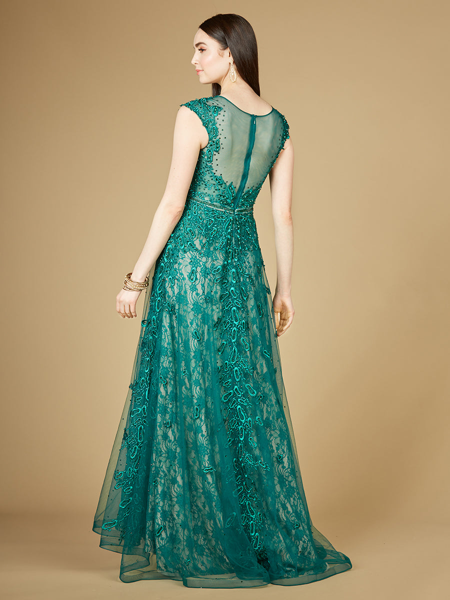 Lara 29250 - Inspired Lace Gown with Cap Sleeves-Dress-Lara-Lara