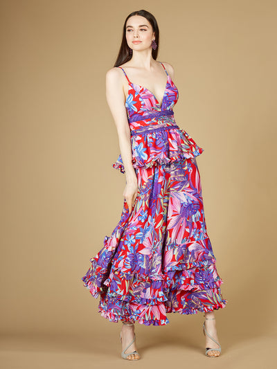 Lara 29268 - Ruffle Skirt Printed Gown-Dresses-Lara-0-Red Print-Lara