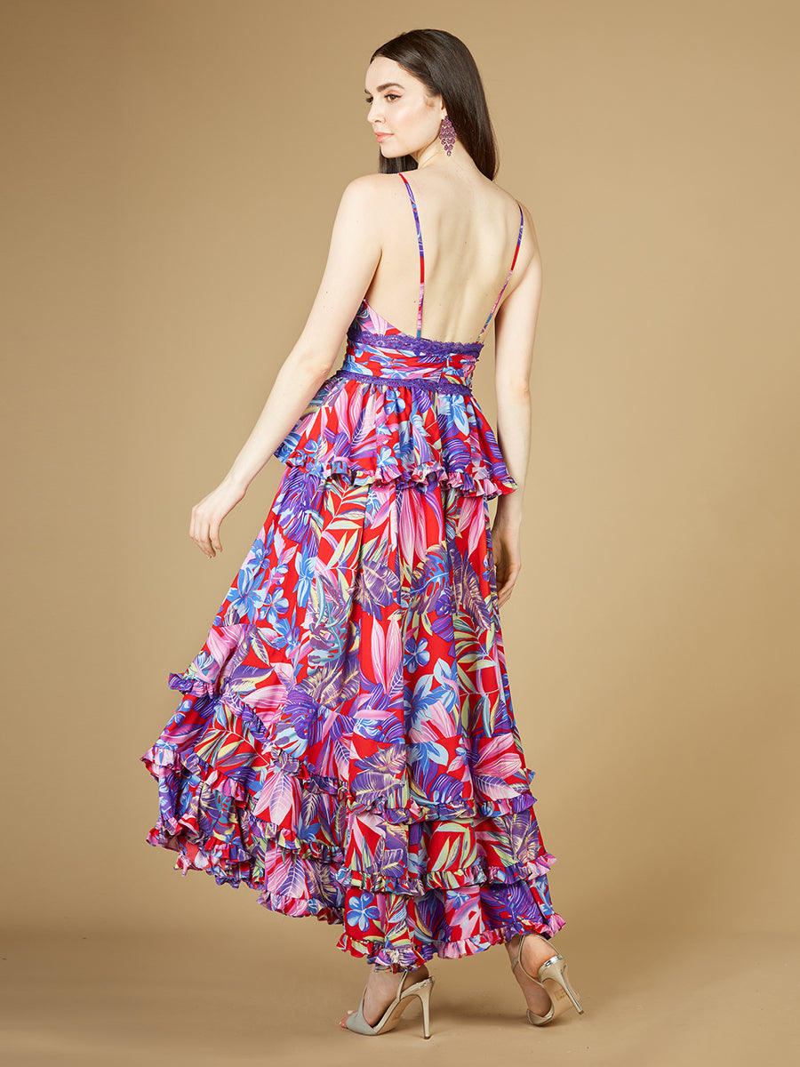Lara 29268 - Ruffle Skirt Printed Gown-Dresses-Lara-Lara