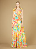 Lara 29270 - V-Neck Long Print Gown with Ruffled Straps-Dresses-Lara-0-Yellow Print-Lara