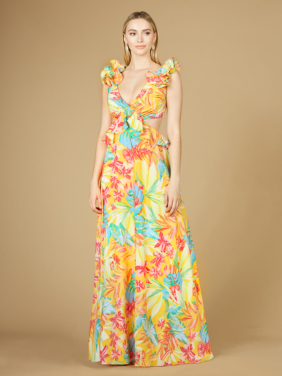 Lara 29270 - V-Neck Long Print Gown with Ruffled Straps-Dresses-Lara-0-Yellow Print-Lara