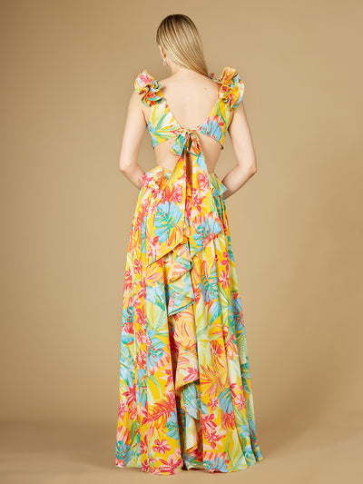 Lara 29270 - V-Neck Long Print Gown with Ruffled Straps-Dresses-Lara-Lara