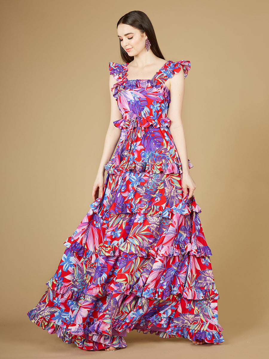 Lara 29271 - Printed Gown with Ruffle Skirt-Dresses-Lara-Lara