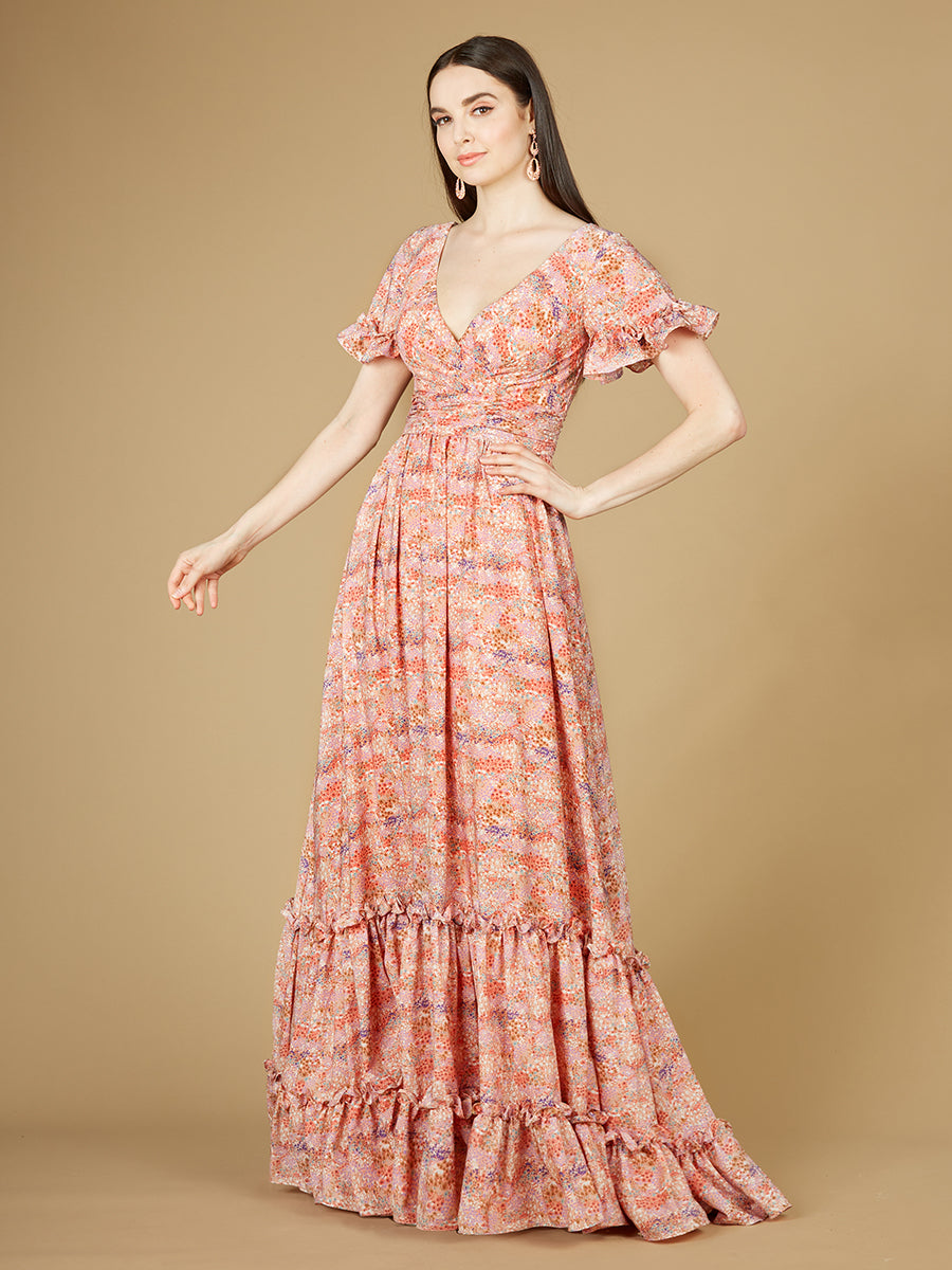 Lara 29273 - Long Print Gown with Cap Sleeves-Dresses-Lara-2-Pink Print-Lara