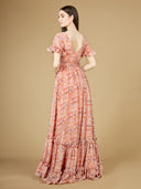 Lara 29273 - Long Print Gown with Cap Sleeves-Dresses-Lara-Lara