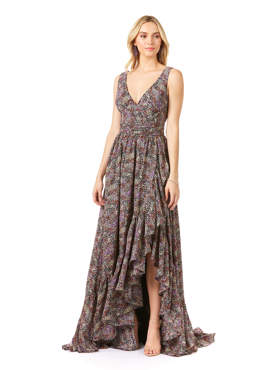 Lara 29274 - V-Neck Long Print Gown Hi-Low Wrap