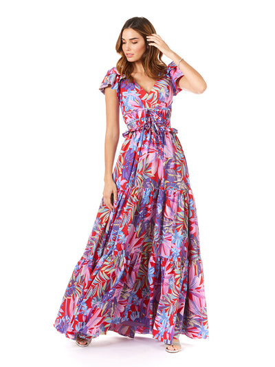 Lara 29276 - V-Neck Long Print Gown with Cap Sleeves