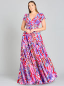 Lara 29276 - V-Neck Long Print Gown with Cap Sleeves-Dresses-Lara-Lara
