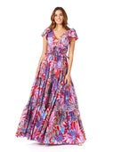 Lara 29276 - V-Neck Long Print Gown with Cap Sleeves