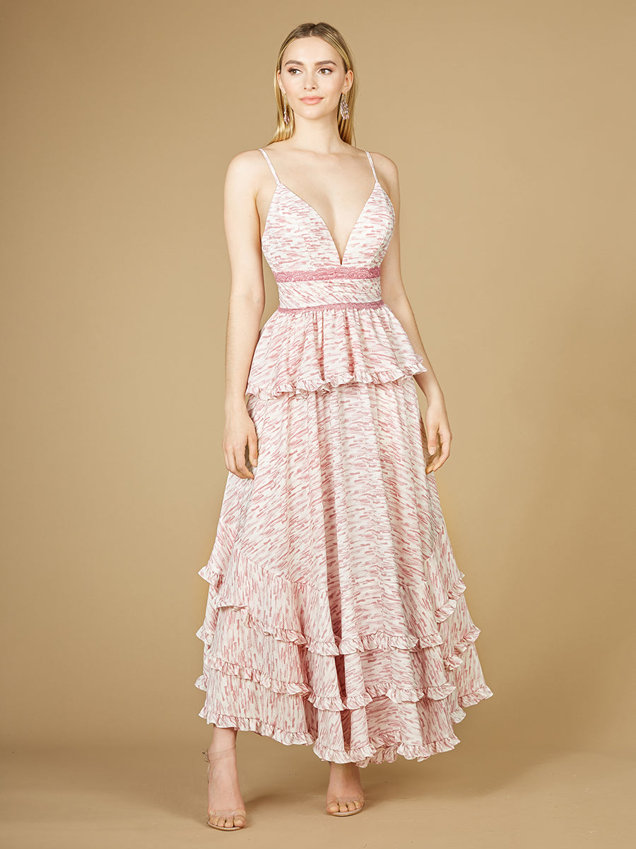 Lara 29277 - Plunging V-Neck Print Dress-Dresses-Lara-0-Pink-Lara