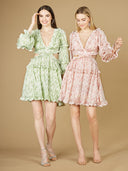 Lara 29279 - V-Neck Long Sleeve Print Cocktail Short with Cutout and Lace Up Back-Dresses-Lara-Lara