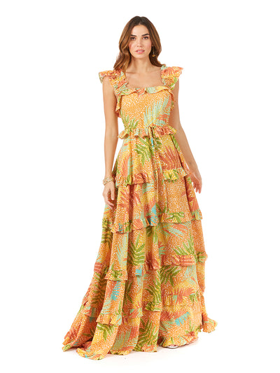 Lara 29280 - Ruffle Printed Gown with Straps