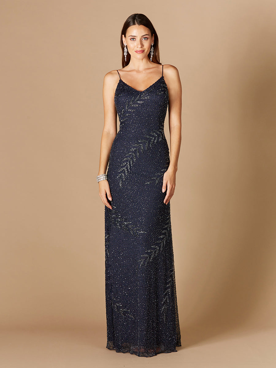 Lara 29282 - Beaded Spaghetti Strap Navy Full-Length Gown