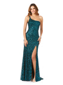 Lara 29286 - One-Shoulder Beaded Gown with Slit