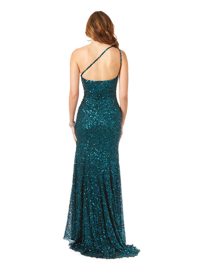 Lara 29286 - One-Shoulder Beaded Gown with Slit