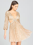Lara 29288 - Long Sleeve Cut Out Dress with Lace Up Back-Dresses-Lara-0-Champagne-Lara