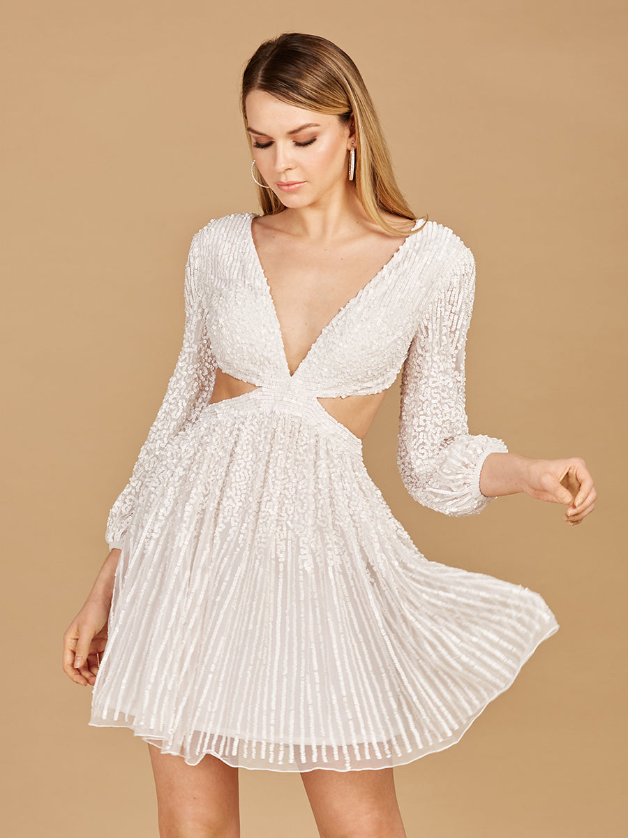 Lara 29288 - Long Sleeve Cut Out Dress with Lace Up Back Ivory / 0 Lara 29288 - Long Sleeve Cut Out Dress with Lace Up Back Ivory / 0