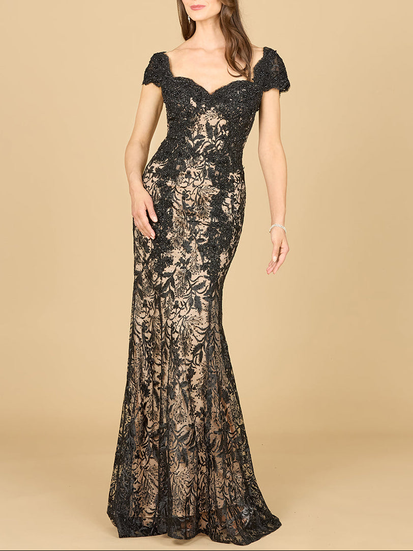 Lara Women's Long Bell Sleeve V-Neck Beaded Gown - Slate