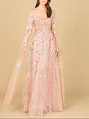 Lara 29300 - Lace Gown with Cape Sleeves, Sweetheart Neckline-Dress-Lara-4-Blush-Lara