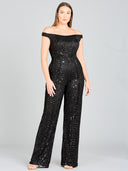 Lara 29323 - Beaded Off Shoulder Jumpsuit-Dress-Lara-Lara