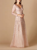 Lara 29326 - Long Sleeve V-Neck Lace Gown