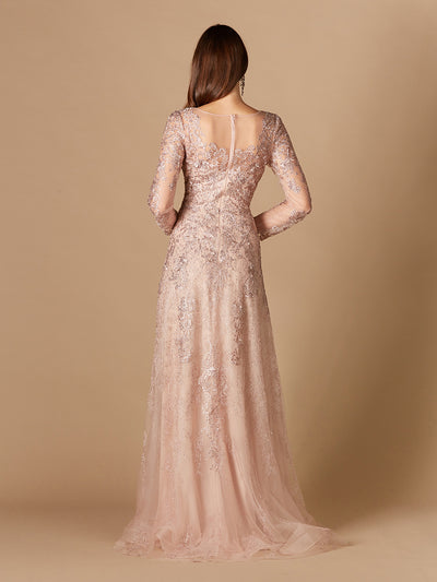 Lara 29326 - Long Sleeve V-Neck Lace Gown