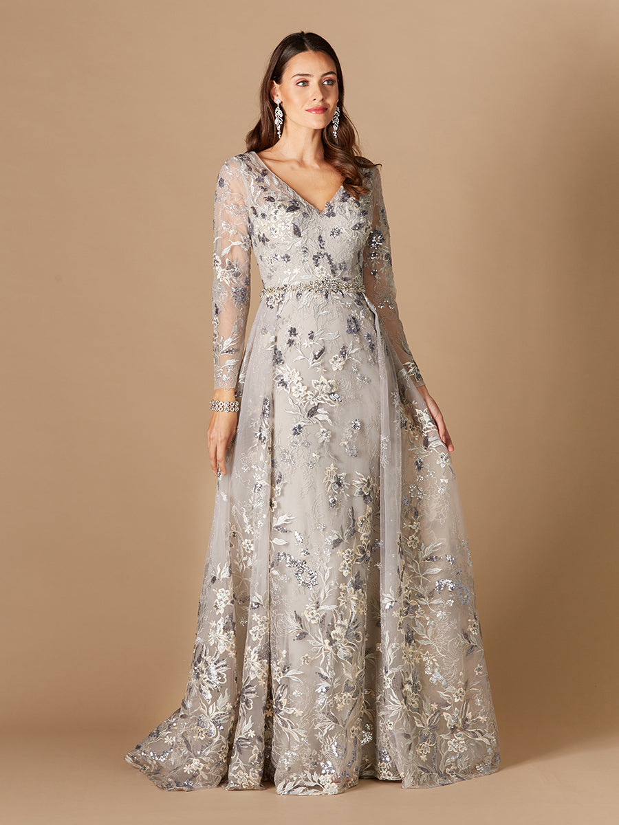 Lara 29328 - Long Sleeve V-Neck Gown with Attached Overskirt-Dress-Lara-4-Silver Multi-Lara