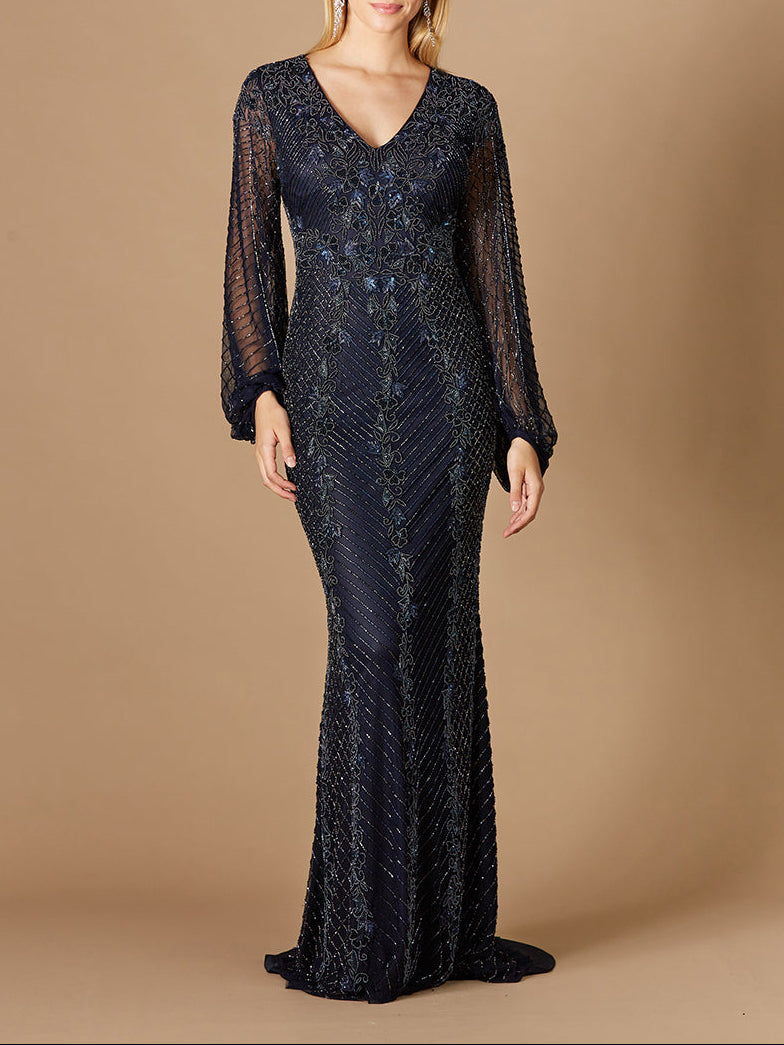Lara Women's Long Sleeve Beaded Gown - Navy - 12 Lara Women's Long Sleeve Beaded Gown - Navy - 12