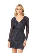 Lara 29344 - Long Sleeve V-Neck Beaded Cocktail Dress in Navy