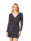 Lara 29344 - Long Sleeve V-Neck Beaded Cocktail Dress in Navy