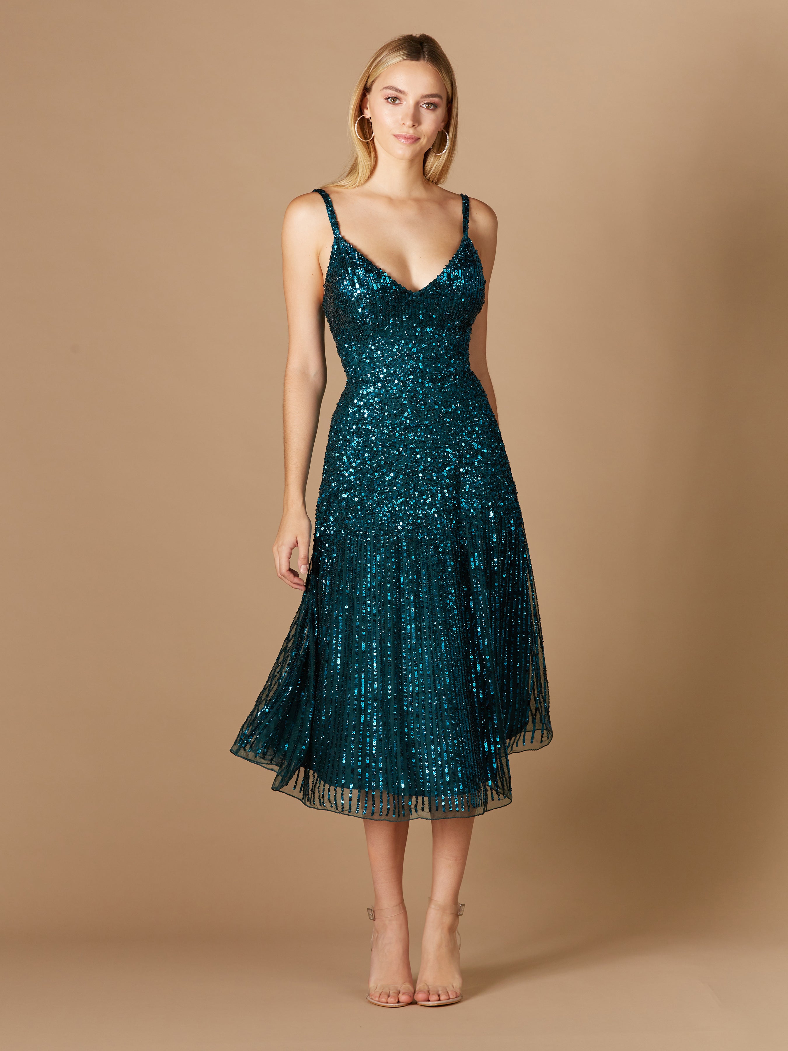 LARA 29347- Flowing Sequin Midi Dress Teal / 16 LARA 29347- Flowing Sequin Midi Dress Teal / 16
