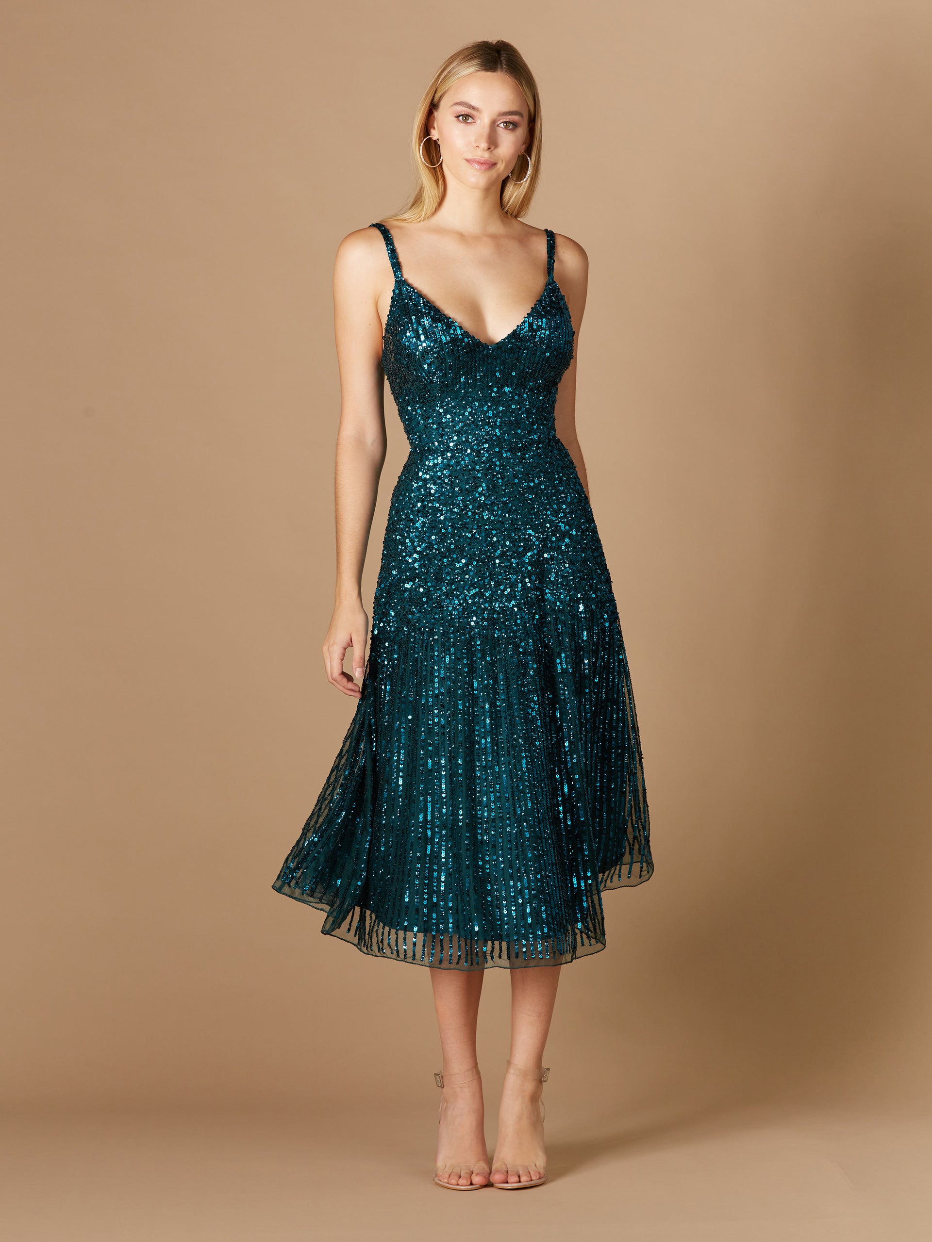 chinese dress ladies Lara 29347- Flowing, Sequin Midi Dress - Black