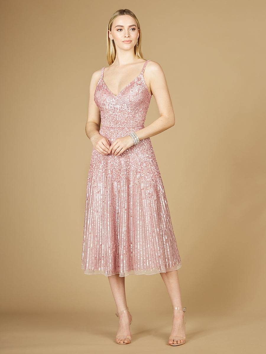 Lara 29347- Flowing Sequin Midi Dress Mauve / 2 Lara 29347- Flowing Sequin Midi Dress Mauve / 2