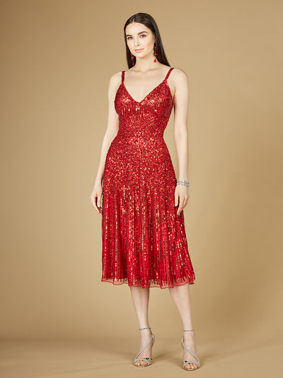 Lara 29347- Flowing, Sequin Midi Dress-Dresses-Lara-0-Red-Lara