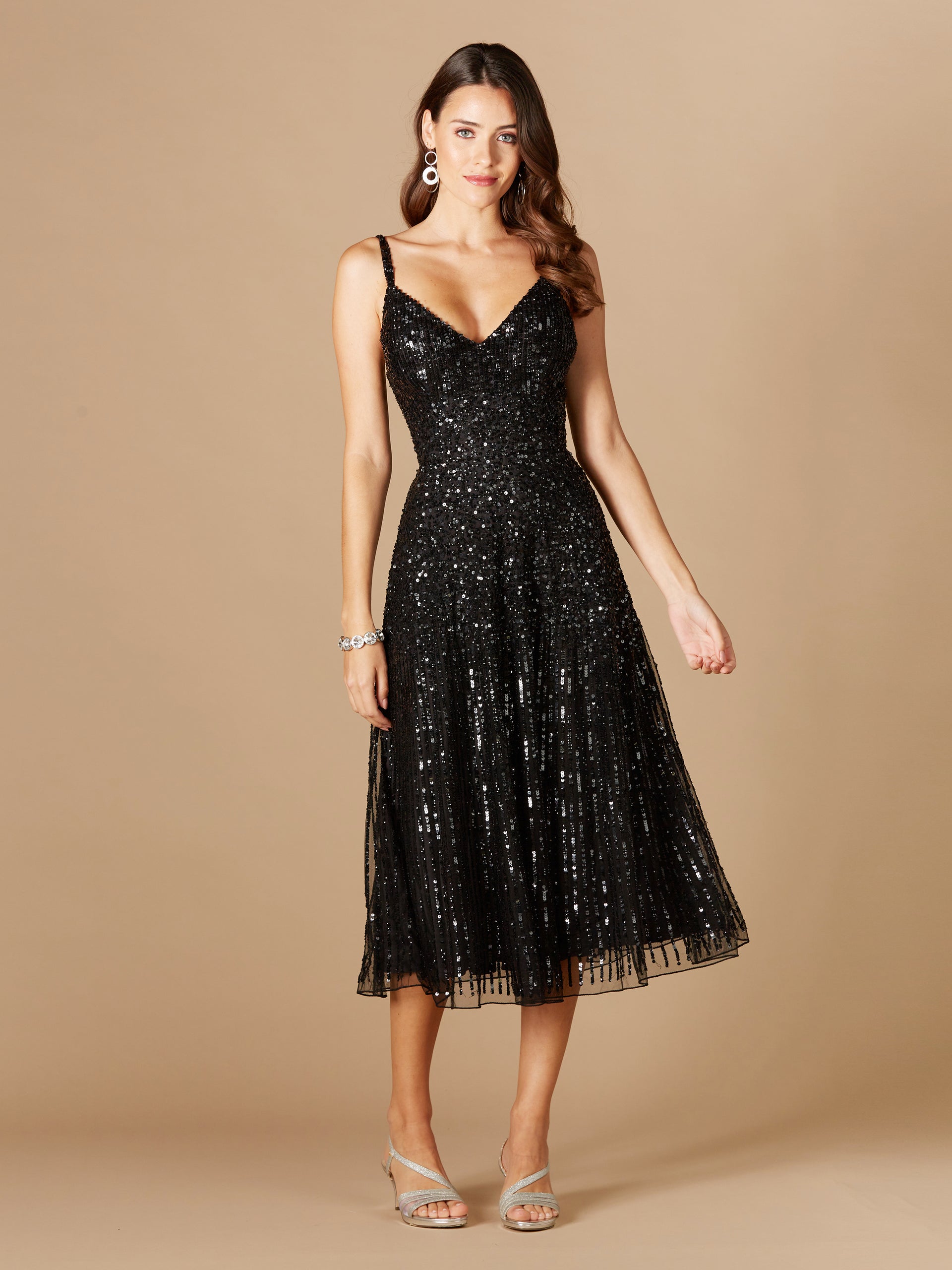 LARA 29347- Flowing Sequin Midi Dress Teal / 16