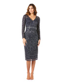Lara 29348 - Long Sleeve Midi Dress with V-Neckline